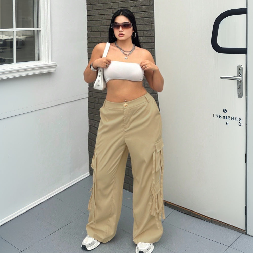Damen weite Cargo-Hose mit funktionalen Taschen und elastischem Bund EB