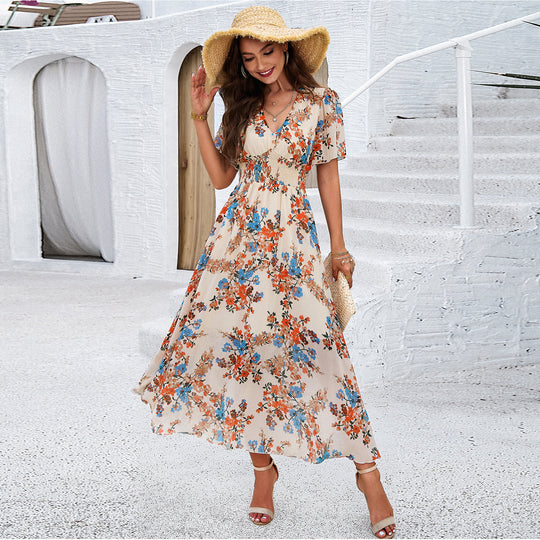 Damen Maxikleid mit schwingendem Rock und romantischem Blumenmuster EB