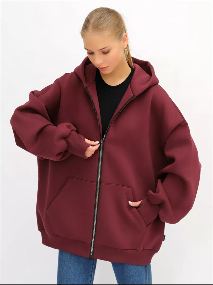 Damen lässiger Oversized Zip-Hoodie mit tiefen Taschen EB