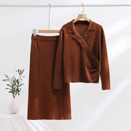 Damen elegantes Strickensemble mit Wickeloberteil und raffinierter hoher Taillierung EB