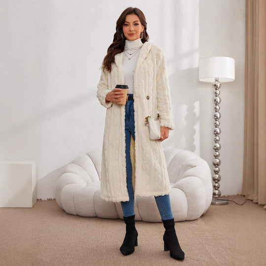 Damen Langer Plüsch-Mantel mit Kapuze EB