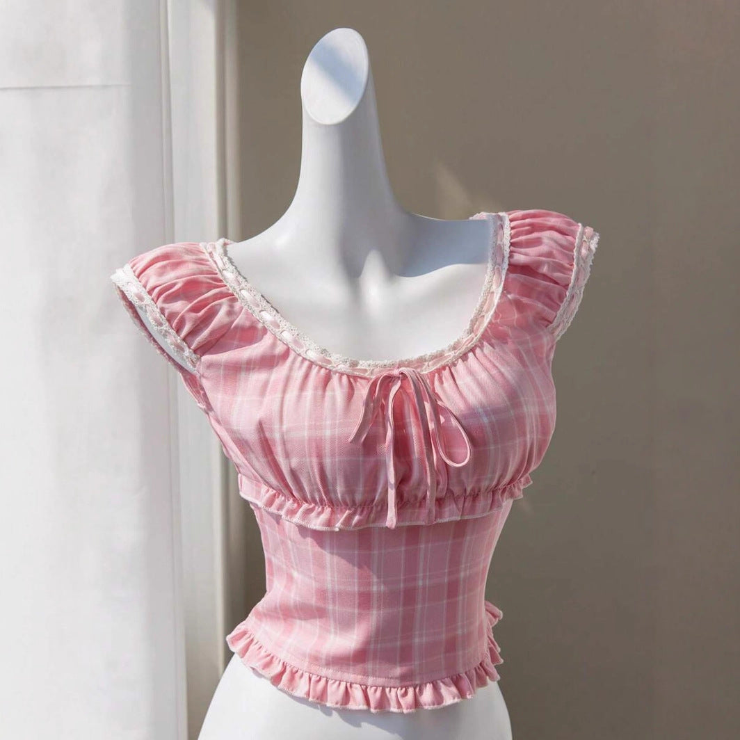 Damen verspieltes Karomuster-Crop-Top mit Rüschendetails und Kordelzug EB