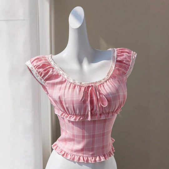 Damen verspieltes Karomuster-Crop-Top mit Rüschendetails und Kordelzug EB