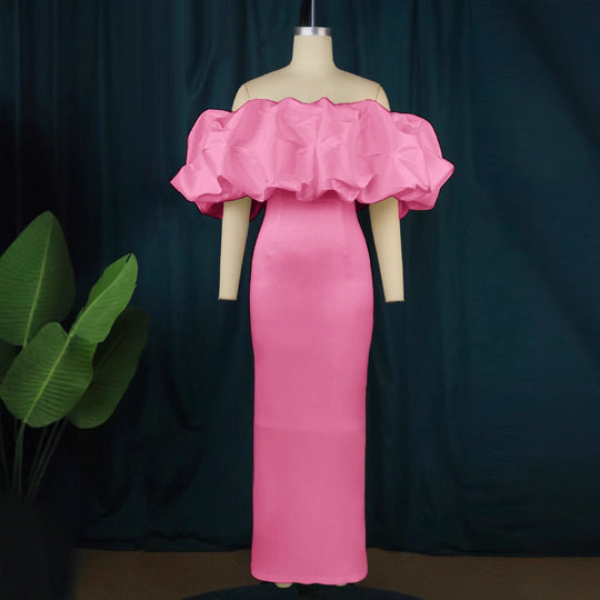 Damen Elegantes Off-Shoulder Maxikleid mit voluminösen Rüschensäumen EB
