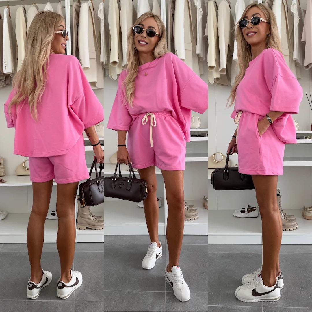 Damen lässiges Set aus Oversize-T-Shirt und Shorts mit verstellbarem Taillenzug EB