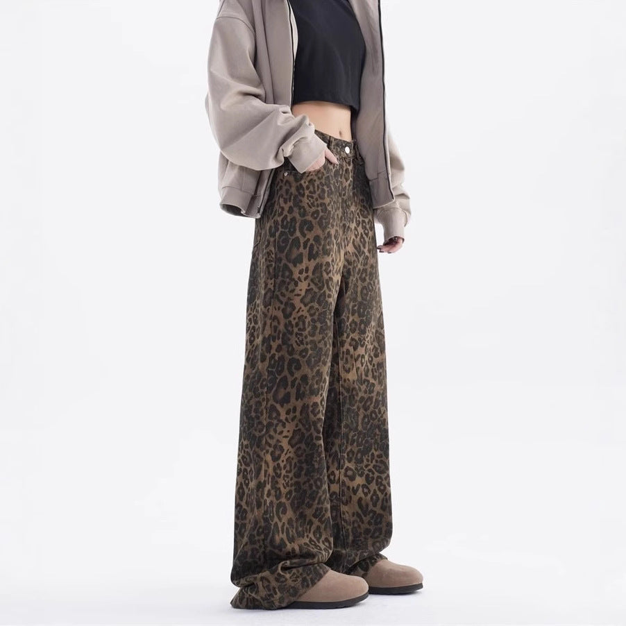 Damen Weite Leoparden-Jeans mit lässigem Schnitt und hoch tailliertem Design EB