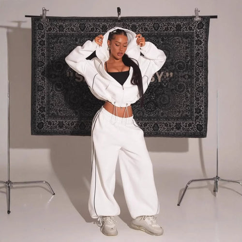Damen lässiger und bequemer Vintage Jogginganzug mit hohem Bund EB