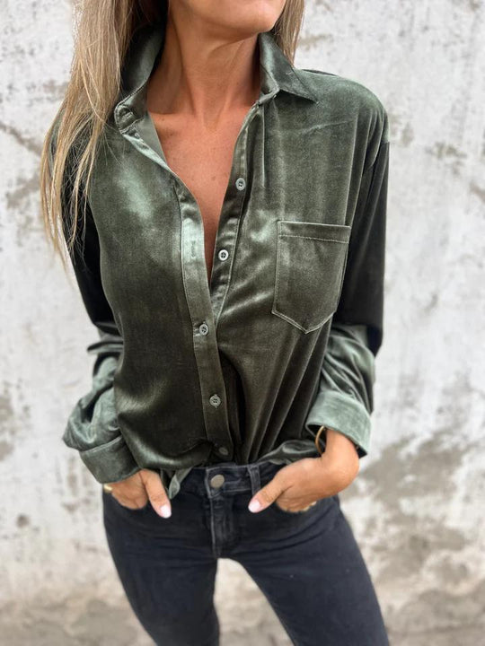 Damen Elegante Satinbluse mit klassischem Kragen und Brusttasche EB
