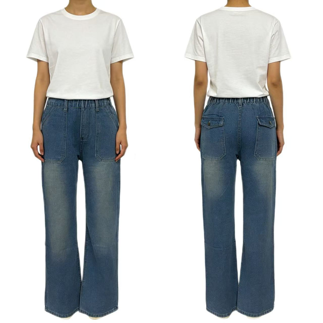 Damen nan hochgeschnittene Relaxed-Jeans mit geradem Bein und aufgesetzten Fronttaschen EB