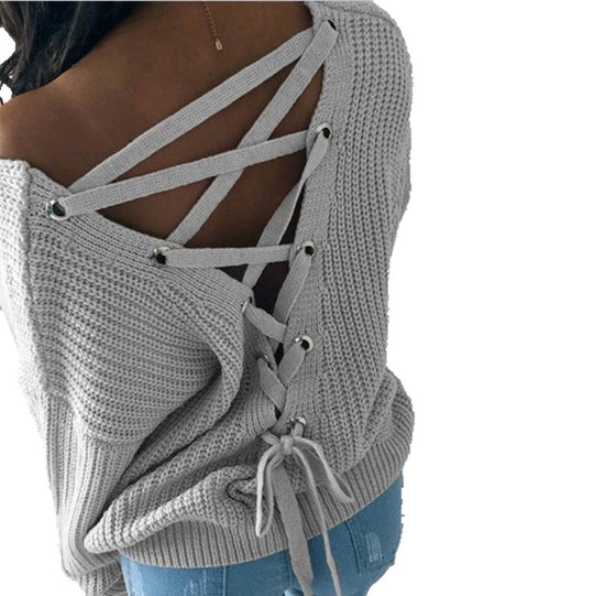 Damen Strickpullover mit kreativem Rückendesign und einzigartigen Schnürdetails EB