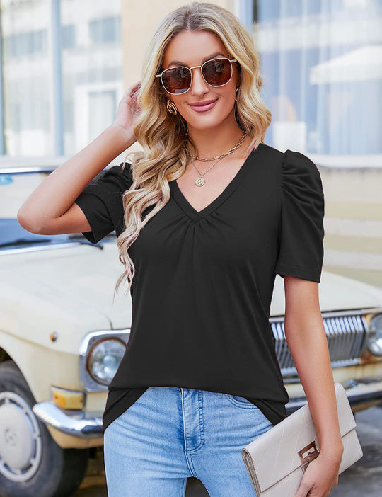 Damen V-Ausschnitt T-Shirt mit Puffärmeln EB
