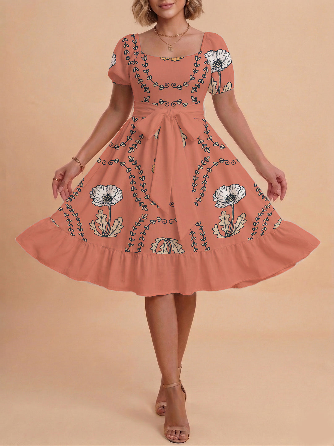 Damen modernes Blumenkleid mit elegantem Taillengürtel und asymmetrischem Saum EB