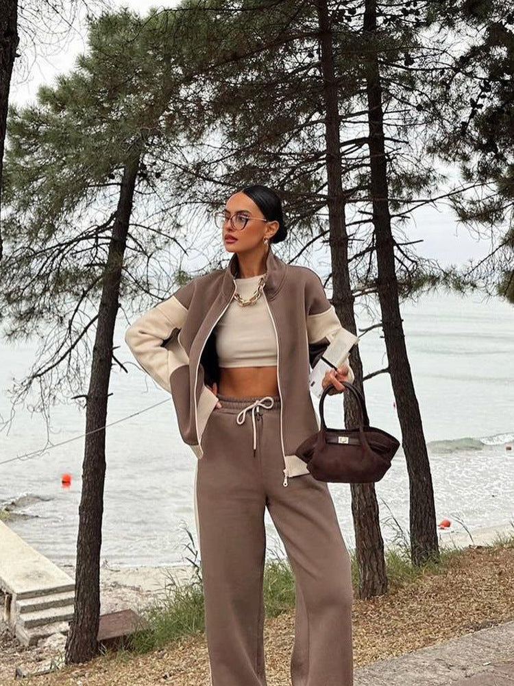 Damen Mehrteiliges Loungewear-Set mit Reißverschlussjacke und weiter Palazzohose EB