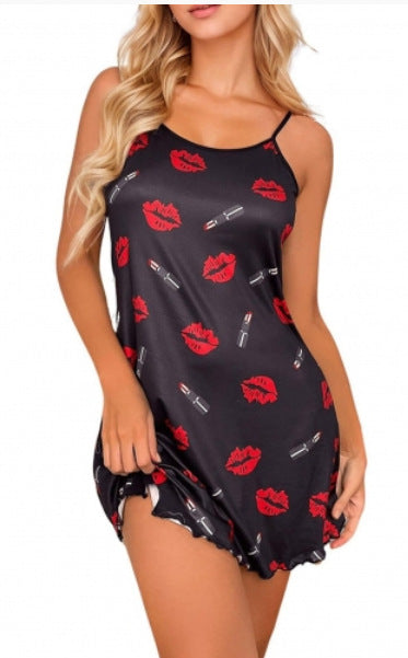Damen Nachtkleid mit Lippen- und Lippenstift-Muster EB