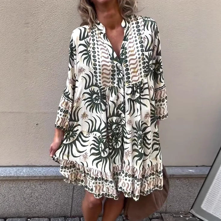 Damen nan locker geschnittenes Boho-Tunikakleid mit V-Ausschnitt geraffter Empire-Naht und Volant-Saum EB
