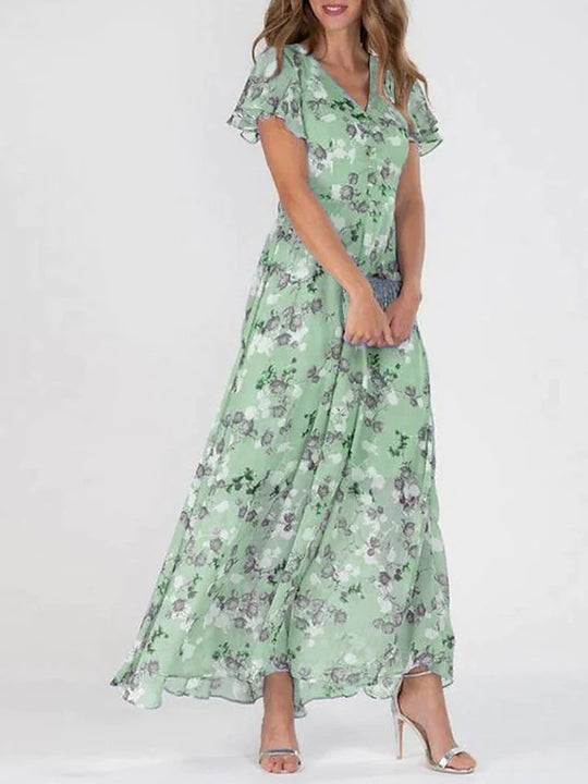 Damen Maxikleid mit floralem Chiffon-Stoff und transparenten Ärmeln EB