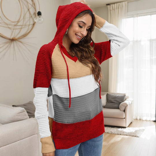 Damen Pullover mit lässigem Kapuzen-Design und einzigartigem Streifenmuster EB