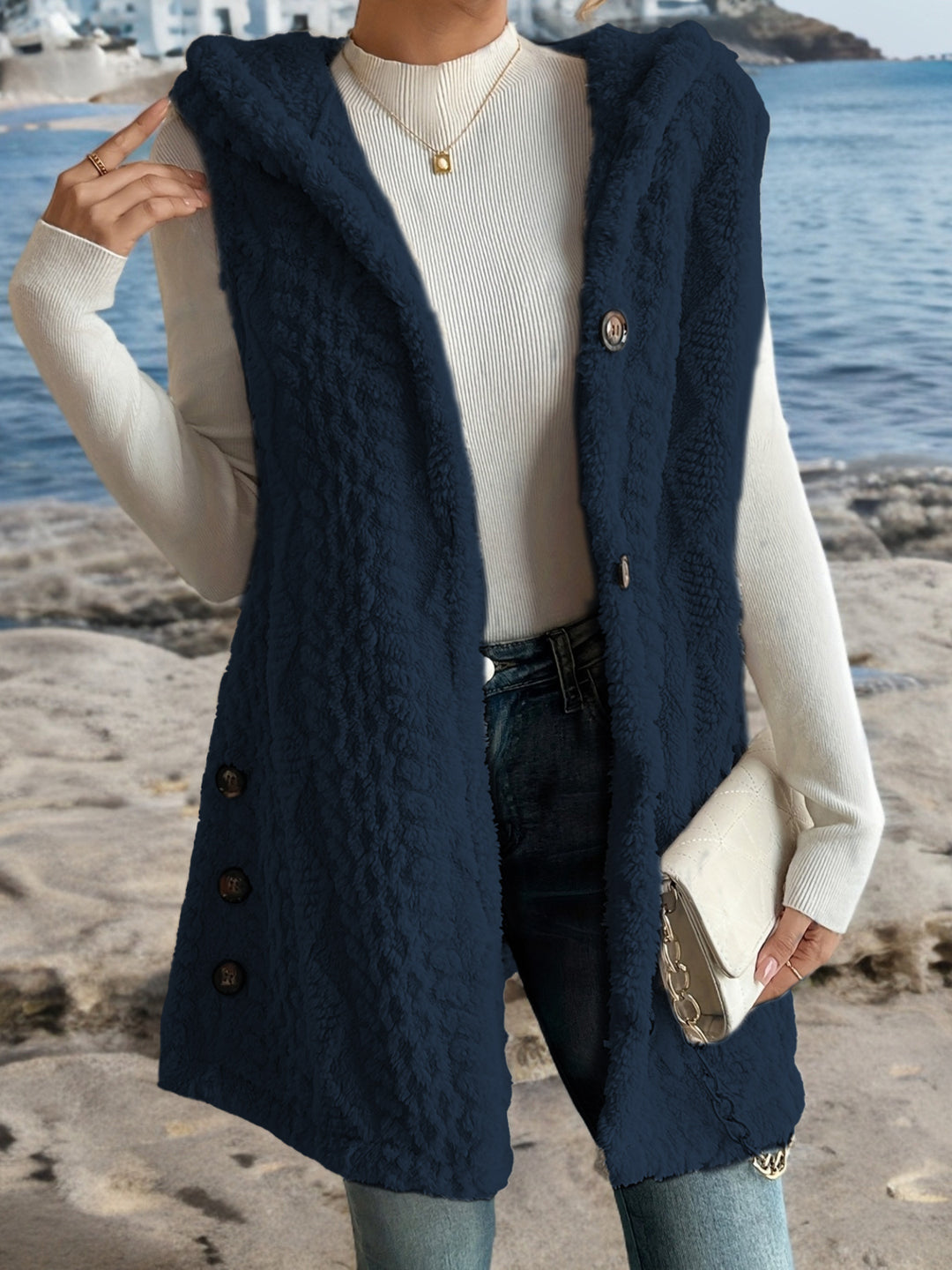 Damen Kuschelige Fleece-Weste mit Kapuze und Knopfverschluss EB