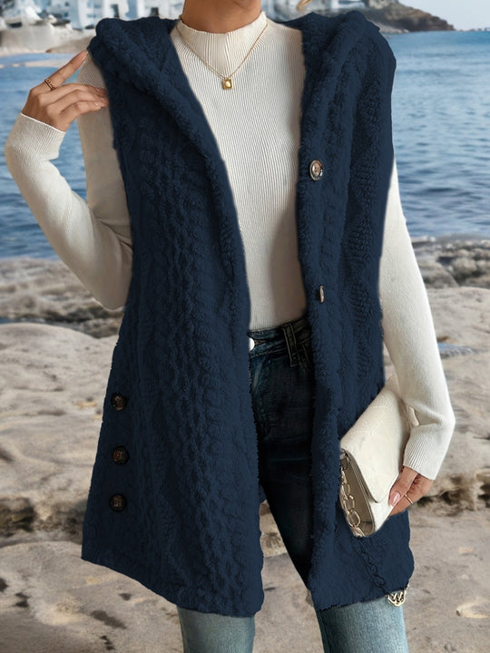 Damen Kuschelige Fleece-Weste mit Kapuze und Knopfverschluss EB