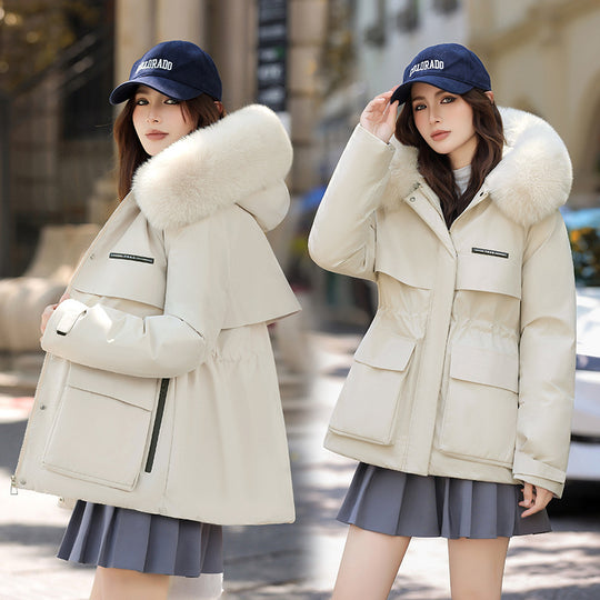 Damen Elegante und warme Winterjacke mit abnehmbarem Kunstfellkragen und praktischen Taschen EB