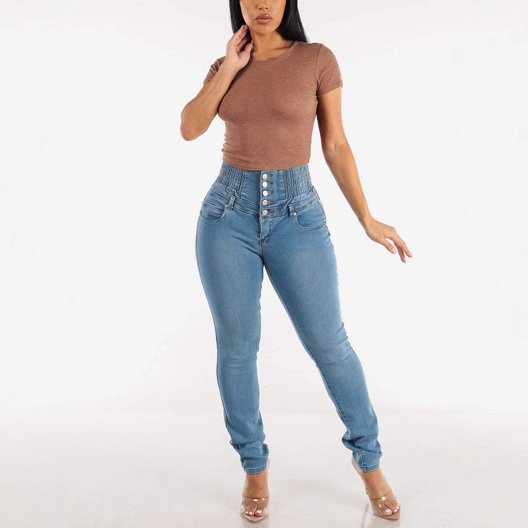 Damen High-Waist Skinny Jeans mit elastischem Bund und dekorativen Knöpfen EB
