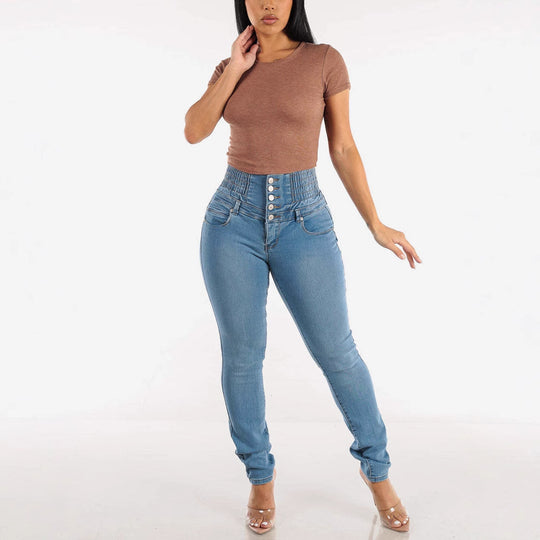 Damen High-Waist Skinny Jeans mit elastischem Bund und dekorativen Knöpfen EB