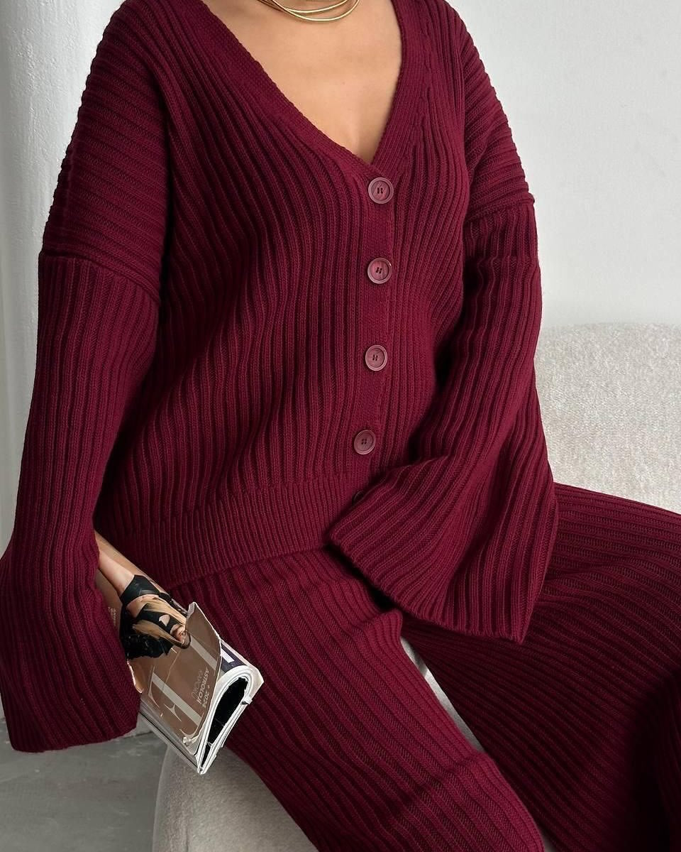 Damen Gerippter Strick‑Zweiteiler mit Oversized‑Cardigan und High‑Waist‑Sweathose EB