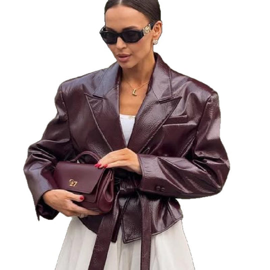 Damen Kunstlederblazer mit taillierbarem Gürtel EB
