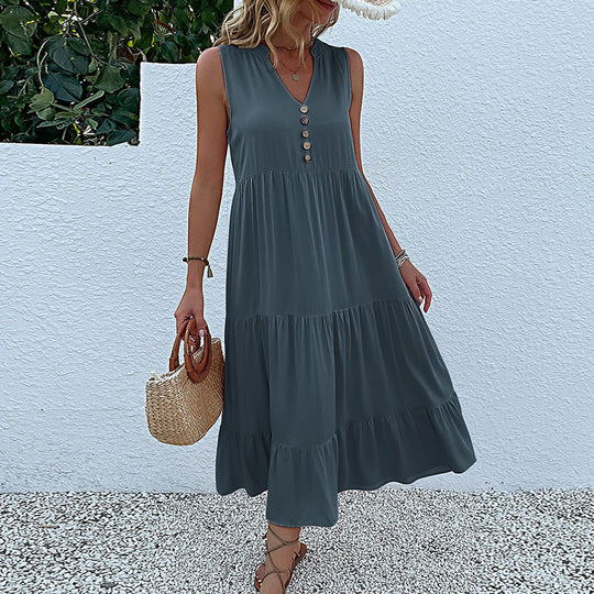 Damen Maxikleid mit Knopfdetail und voluminösem Rock EB