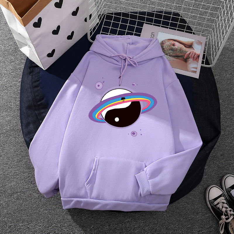 Damen nan Oversized Kapuzenpullover aus Baumwollmischung mit Planeten-Yin‑Yang-Grafik und Kängurutasche EB