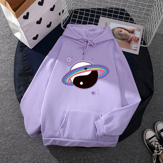 Damen nan Oversized Kapuzenpullover aus Baumwollmischung mit Planeten-Yin‑Yang-Grafik und Kängurutasche EB