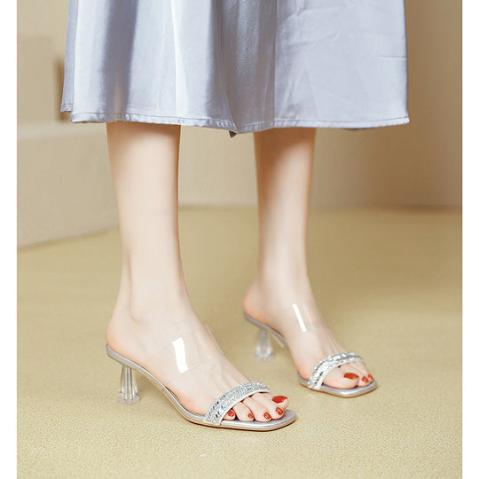 Damen transparente Sandalen mit glitzerndem Riemen und stylish transparentem Absatz EB