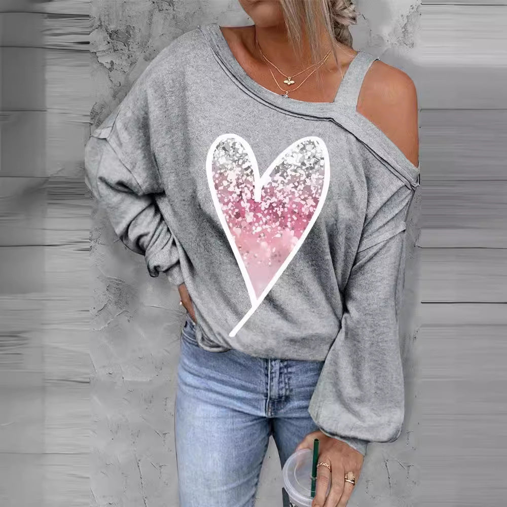 Damen lässiger Oversized Pullover mit herzförmigem Glitzer-Design EB