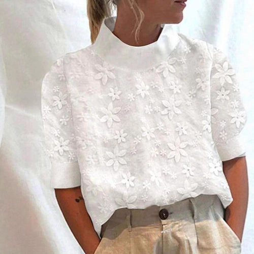 Damen nan leichte bestickte Bluse mit Stehkragen und dreidimensionaler Blütenapplikation EB