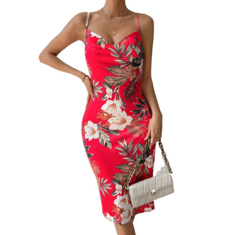 Damen Sommerliches Etuikleid mit floralem Design und Spaghetti-Trägern EB