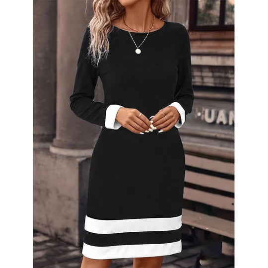 Damen Elegantes Kleid mit kontrastierenden Ärmelabschlüssen und Saum EB