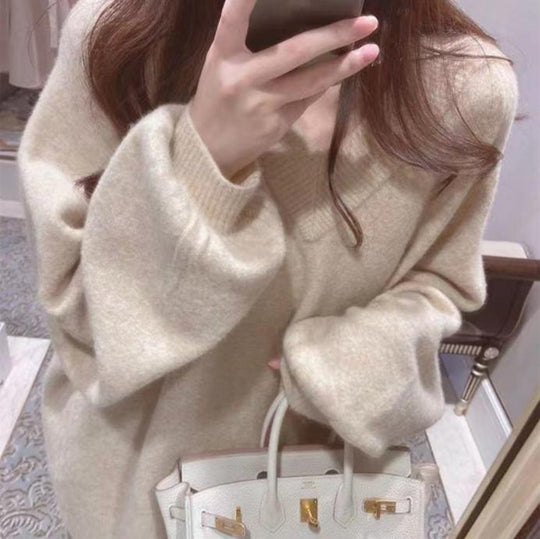 Damen Grobstrickpullover mit tiefem V-Ausschnitt und voluminösen Ärmeln EB