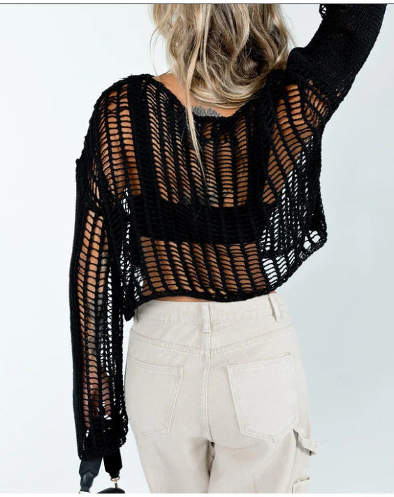 Damen luftiges Cropped Strickoberteil mit weit geschnittenen Ärmeln EB