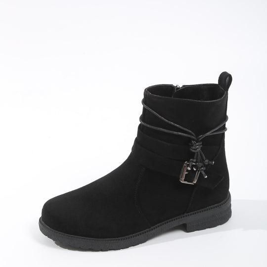 Damen nan gefütterte Ankle-Boots mit Wickelriemen, dekorativer Metallschnalle und rutschfester Profilsohle EB