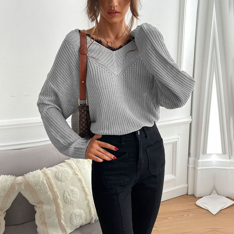 Damen lässiges Strickoberteil mit modischem V-Ausschnitt und detailreicher Textur EB