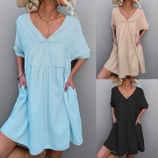 Damen lässiges V-Ausschnitt Sommerkleid mit taillierter Passform und leichtem Stoff EB