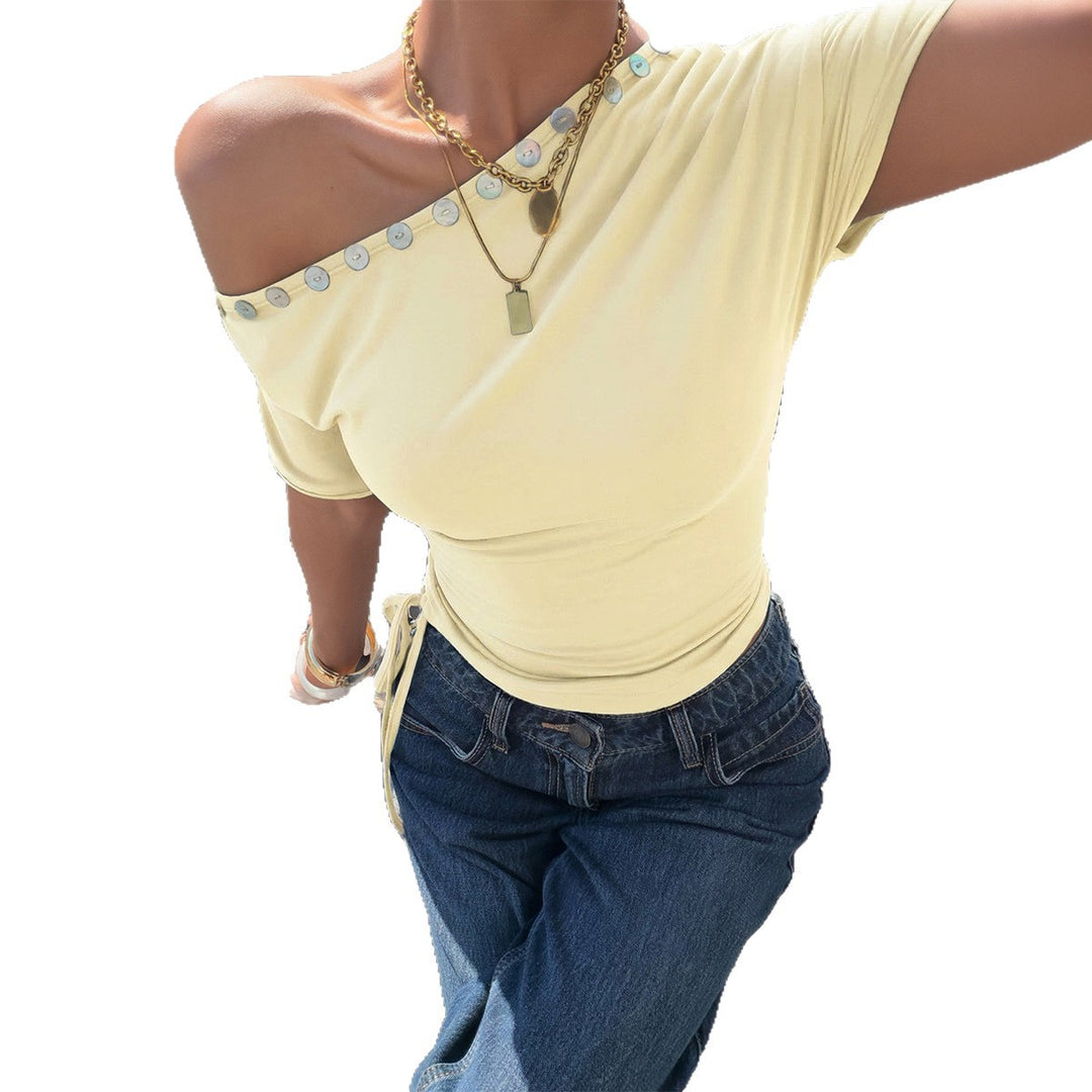 Damen Off-Shoulder Oberteil mit Rüschen und dekorativen Knöpfen EB