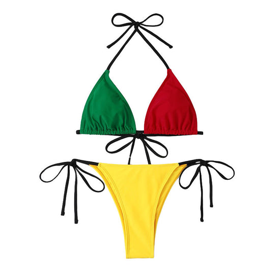 Damen Triangel-Bikini mit kontrastrierenden Farben und verspieltem Bindedesign EB