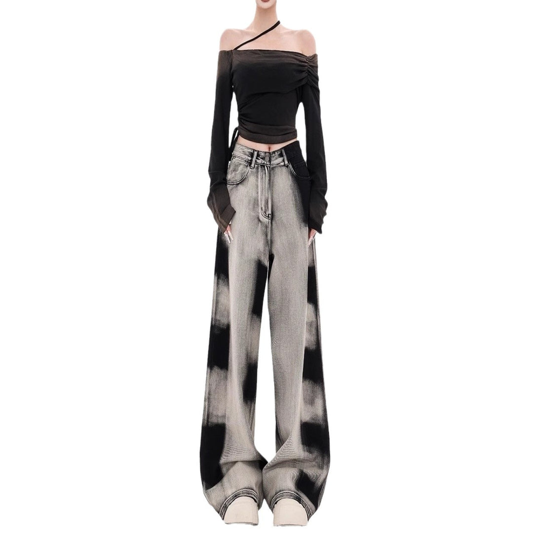 Damen Weite Designer-Jeans mit kreativen Batikmustern EB
