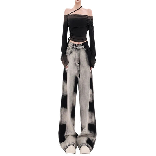 Damen Weite Designer-Jeans mit kreativen Batikmustern EB