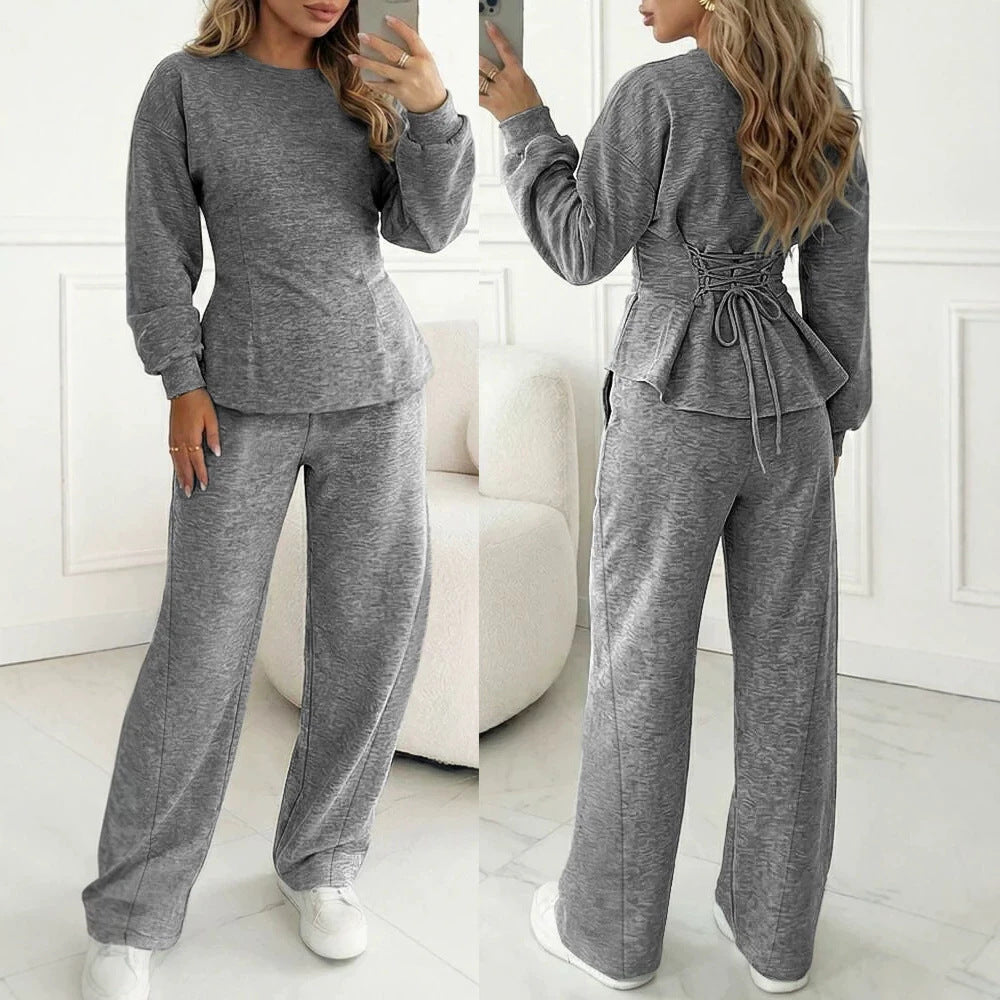 Damen Zweiteiliges Loungewear-Set aus Melange‑Jersey mit weitem Bein und Rundhalsausschnitt EB