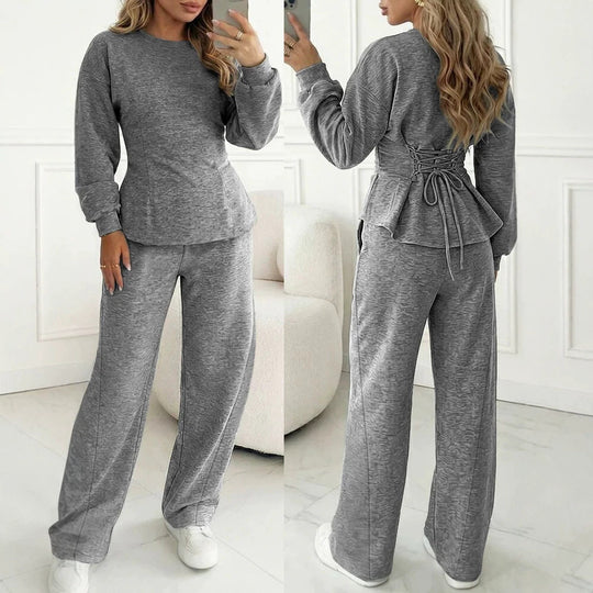 Damen Zweiteiliges Loungewear-Set aus Melange‑Jersey mit weitem Bein und Rundhalsausschnitt EB