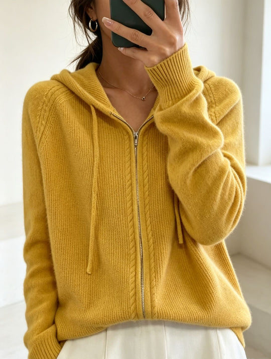 Damen Kapuzen-Cardigan mit Reißverschluss, feinem Feinstrick und gerippten Bündchen EB