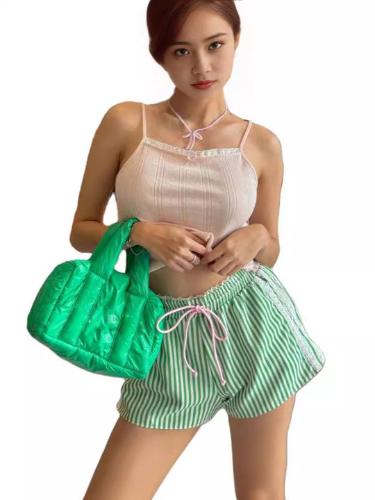 Damen lässige gestreifte Shorts mit elastischem Bund und Kordelzug EB