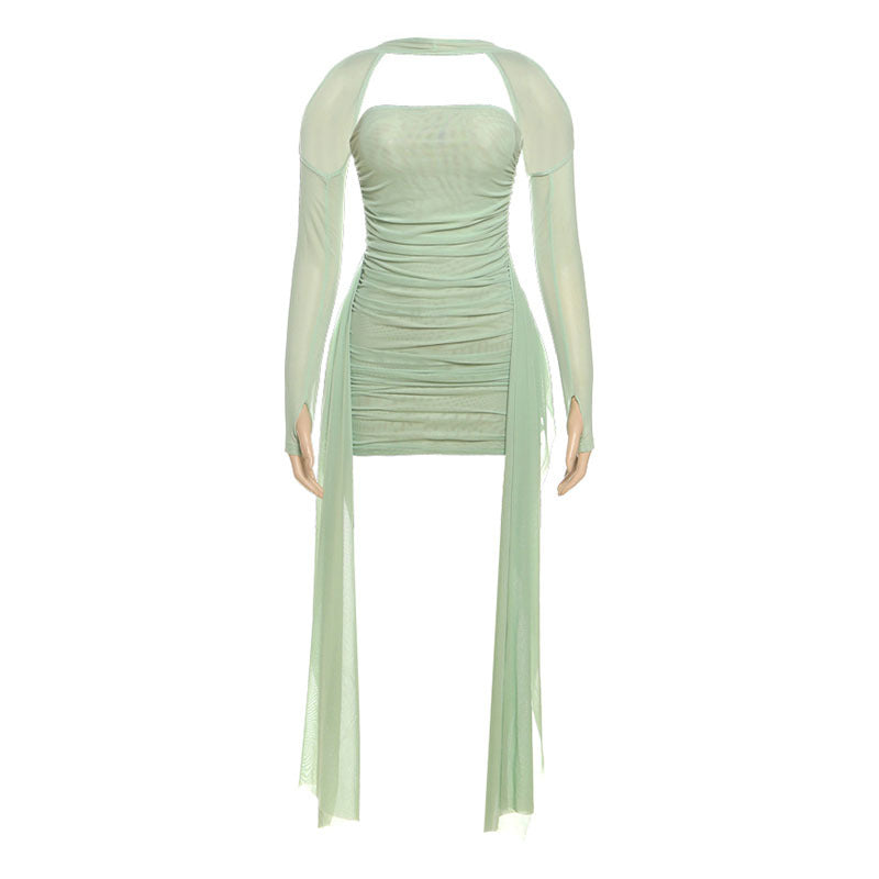 Damen Elegantes Minikleid mit raffinierten Rüschen und transparenten Ärmeln EB